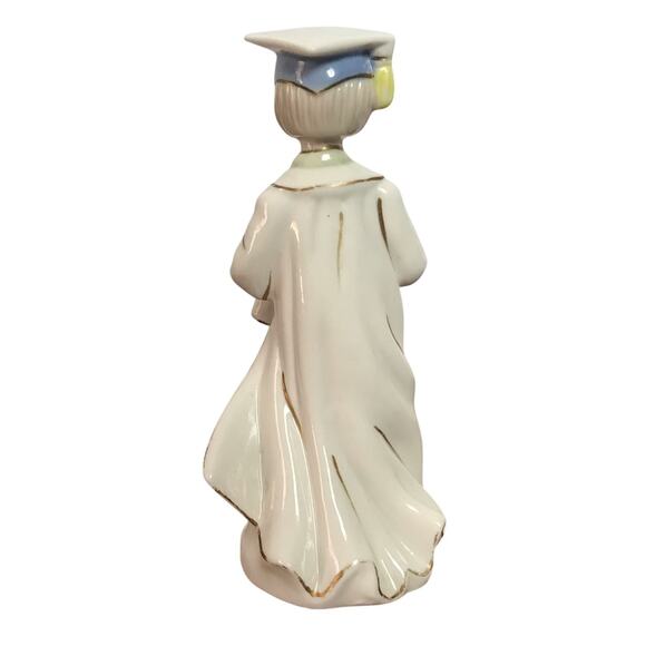 VTG Ceramic White Goldtone Graduation Figurine Unmarked With Diploma & Rose - Picture 3 of 10